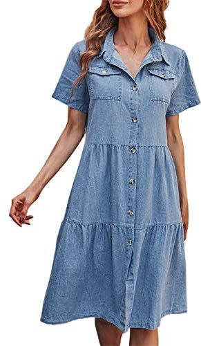 Jeanskleid Tailliert Damen - Sommerkleid Damen Lang Jeans - Jeanskleider Damen Sommer Knielang - Sommerkleider Mit Taschen Wickelkleid A Linie Elegant Freizeitkleid 1/2 Arm Kleid Knöpfen