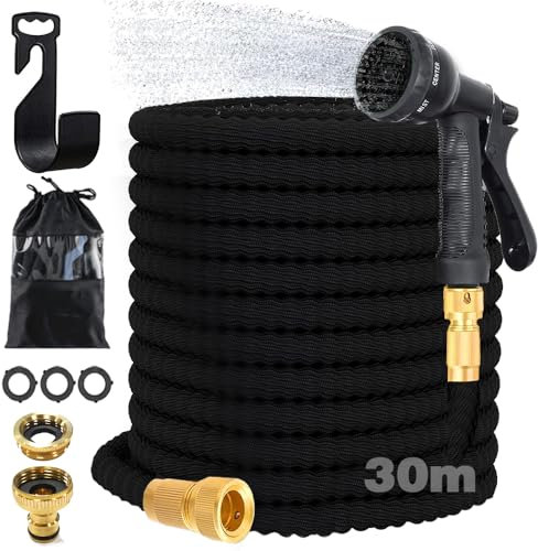 Gartenschlauch Flexibel,Wasserschlauch Flexibel 30m Maximal,Flexschlauch Garten mit 8 Sprühfunktionen,1/2 3/4 Adapter und WandhalterungKnickfrei,für Gartenbewässerung,Autowäsche,etc