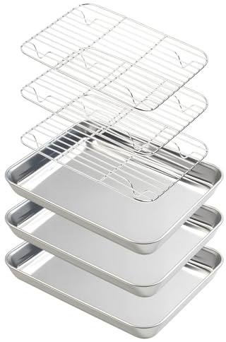 Backblech Set mit Abkühlgitter (3 Backbleche + 3 Abkühlgitter), Lebensmittelechtes Edelstahl zum Backen, Grillen, Abkühlen und Abtropfen (23.5 * 17.5 * 2.8cm)