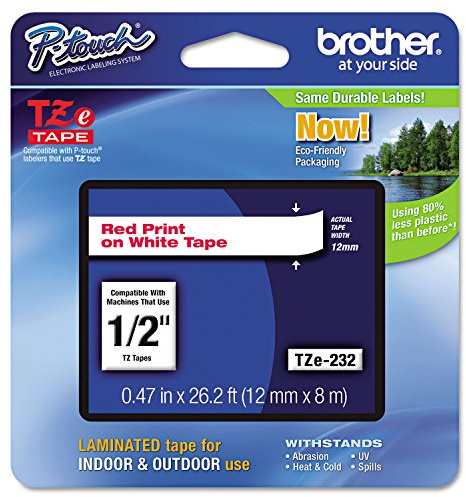 Brother Genuine P-Touch TZE-232 Tape, 1/2 (0.47 inch) Standard Laminated P-Touch Tape, Red on White Laminated for Indoor or Outdoor Use, Water-Resistant 26.2 ft (8m), Single-Pack