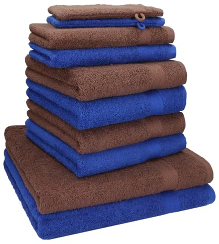 Betz 10-TLG. Handtuch-Set Premium 100% Baumwolle 2 Duschtücher 4 Handtücher 2 Gästetücher 2 Waschhandschuhe Farbe Royal Blau & Nuss Braun