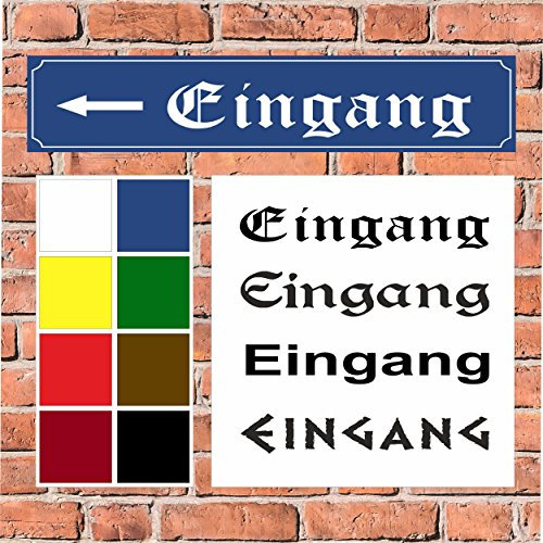 Melis-Folienwerkstatt Schild – Eingang – Pfeil nach Links - Straßenschild Design – 52x11cm – 8 Farben + 4 Schriften + Bohrlöcher Aufkleber Hartschaum Aluverbund -S00215-019