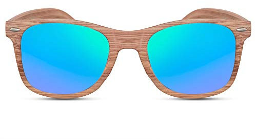 Cheapass Sonnenbrille Braun Eckig Grün-Blau Verspiegelt Holz-Muster Naturoptik Wood-en UV-400 Hipster Plastik Damen Herren