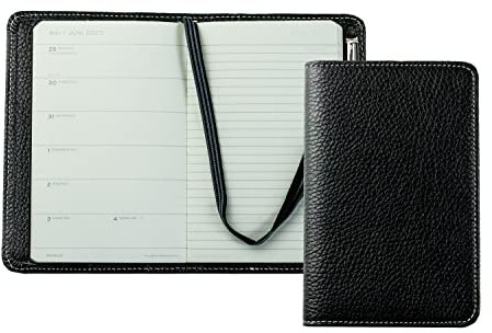 DELMON VARONE - Personalisierbarer Taschenkalender 2026 Soft Grain Leder schwarz - Organizer Kalenderbuch (1 Woche 1 Seite), Buch-Kalender Hardcover Einband - Notizbuch Planer mit Stiftschlaufe