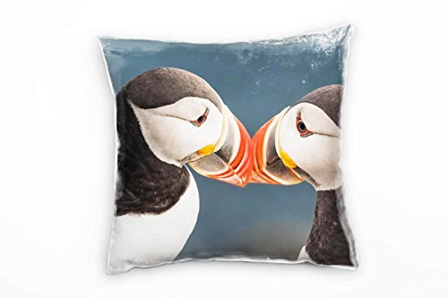 Paul Sinus Art Tiere, kuschende Puffins, schwarz, weiß, orange Deko Kissen 40x40cm für Couch Sofa Lounge Zierkissen - Dekoration zum Wohlfühlen