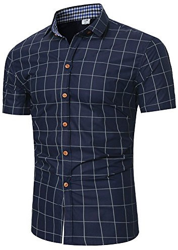Chemise Homme à Carreaux Manches Courtes Slim Fit Infroissable sans Repassage Pas Cher T Shirt De Business (XL, Bleu Marine)