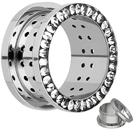 Treuheld® 12mm Kristall Ohr Flesh Tunnel | Atmungsaktiv - minimiert Gerüche | Silber | klare Zirkonia | Chirurgenstahl | Gewinde Schraubverschluss
