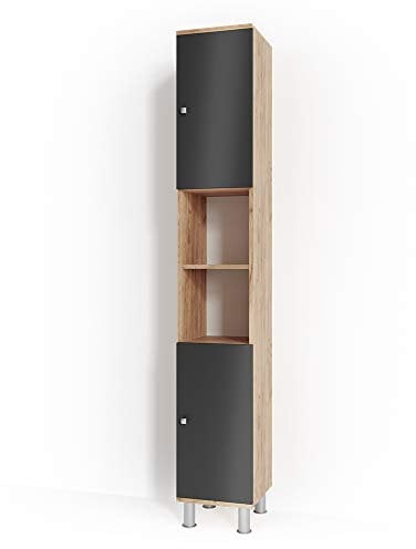 Vicco Badschrank Fynn, Badezimmerhochschrank, Anthrazit/Goldkraft Eiche, 30 x 190 cm
