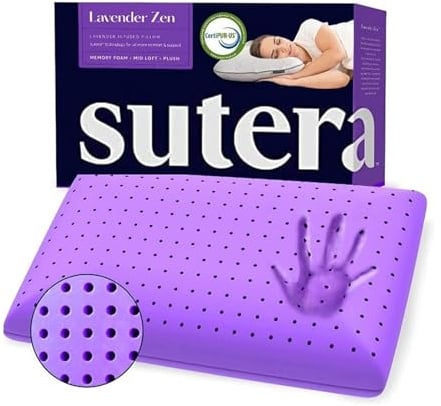 Sutera - Cooling Lavender Zen Memory Foam Pillow for Sleeping - Essential Lavender Oil Infused, Cooling Pillow with Neck, Shoulder and Back Support - Relaxing for Side, Back, Stomach Sleepers