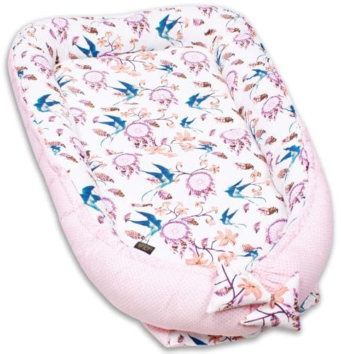 PaLulli 120x60 cm Babynest Babynestchen XXL Babykokon 2seitig 100% Baumwolle Kissen Nestchen für Babybett Reisebett für Baby und Säugling Feathers (Swallows)