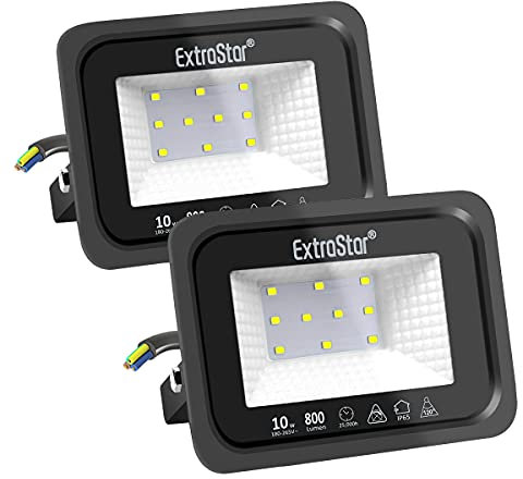 EXTRASTAR 10W LED Strahler Außen 2 Stücke,800LM 6500K Kaltweiß Superhell Außenstrahler, IP65 Wasserdicht LED Fluter, Außenlampe für Garten, Innenhöfe, Garage, Hotel, Sportplatz