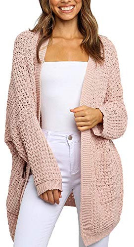 Gothden Women's Casual Open Front Cardigans Long Batwing Sleeve Chunky Cable Knit Sweaters Coat with Pockets Pink