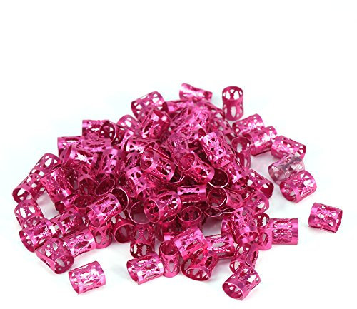 Brrnoo 100 PCS Tressage Perles Manchettes En Métal, Nouveaux Dreadlocks Colorés Perles Cheveux Tresse Anneaux Clips Dread Locks, Anneaux Manchette Décoration De Cheveux Tressage Tube (rose rouge)