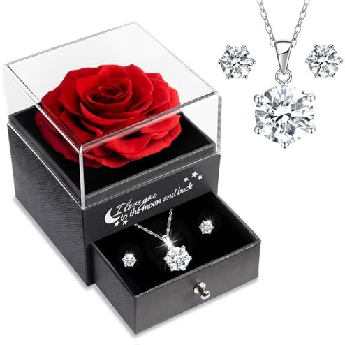 Sunia Ewige Rose mit Kette und Ohrringe aus 925 Sterlingsilber,Ewige Rose Geschenke für Frauen,Muttertagsgeschenke für Mama Oma,Halskette Frauen,Geschenk Muttertag Geburtstag Valentinstag Jubiläum