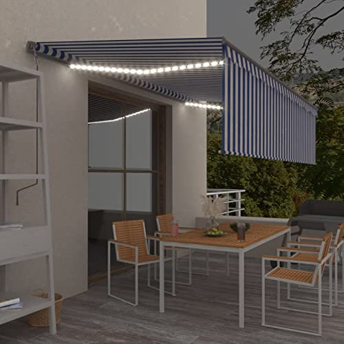 Tidyard Automatische Markise Volant LED & Windsensor Gelenkarmmarkise Sonnenmarkise Terrassenmarkise Balkonmarkise Markise mit Beleuchtung 5x3m Blau & Weiß