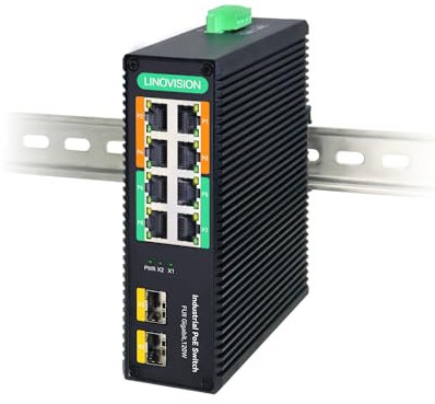 LINOVISION Switch POE industriel 8 ports Gigabit non administrables avec 2 Uplinks SFP, 4 ports PoE BT 90W, POE Watchdog, Alimentation Redondante, Switch POE sur rail DIN pour caméra PTZ/Éclairage POE