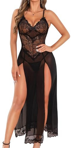 RSLOVE Lingerie Sexy Nuisette Femme Robe au Genou Vêtements de Nuit Robe sans Manches Noir L