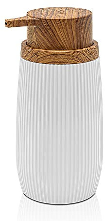 Inbagno Dispenser per Sapone Liquido, in plastica Bianco, con Dettagli Effetto Legno, Serie Blob