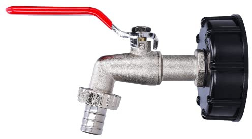 IBC Tank Hahn, IBC Auslaufhahn Kugelhahn 1/2 Zoll Zu Gartenschlauch 1/2 '' | IBC Adapter Mit 60x6 Gewinde Ca. 61mm Im Durchmesser | Hochwertiger Und Leckfreier Wasserhahn Aus Messing In Rot - Schwarz
