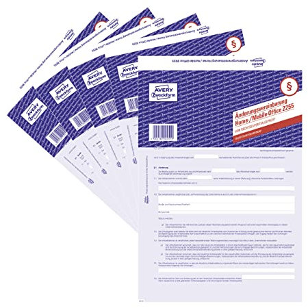 AVERY Zweckform 2255-5 Änderungsvereinbarung Homeoffice (zur vertraglichen Ergänzung des Arbeitsvertrages, 2-seitiges Formular im A4-Bogenformat mit Durchschlag, inkl. aller wichtigen Punkte) 5 Stück