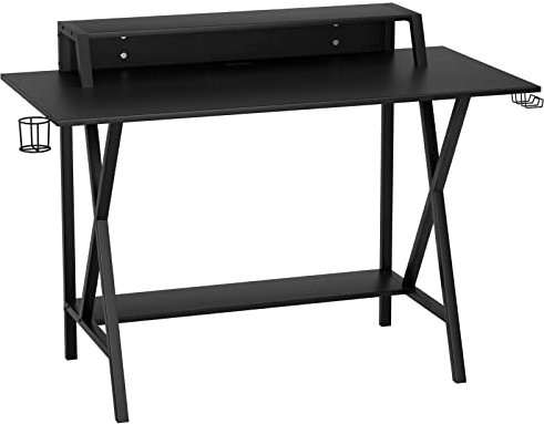 COSTWAY Gaming Computer Desk with Cup Holder, Headphone Hook, Monitor Stand and Storage Shelves, X-Shaped Racing Style E-Sports PC Gamer Table, Ergonomic Study Writing Workstation