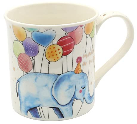 Dekohelden24 Tazza da caffè in porcellana – motivo: elefante compleanno – Dimensioni (altezza x diametro): 9 x 8 cm, capacità 300 ml, lavabile in lavastoviglie