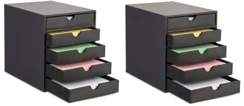 OSCO (2 PACK) Faux Leather 5 Tier Paper Sorter A4 Drawer Unit, Document Storage Organiser, Desk Tidy for Home Office, Paperwork Filing Cabinet, 31 x 25.3 x 34 cm, Black