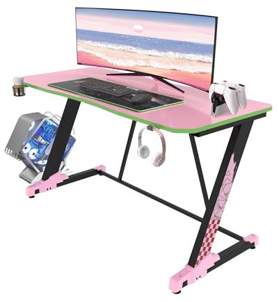 FUSLITE Gaming Desk, 47 Z Shaped Shaped Gamer Desk, Home Office Desk Workstation Computer Desks Gamer Tables with Cup Holder, Earphone Hook, Power Strip Box