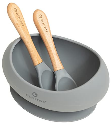Olmitos - Vajilla de silicona 3 piezas con plato ventosa, tenedor y cuchara mango madera - resistente libre de BPA –de 6 a 36 meses - apto para micro y lavavajillas