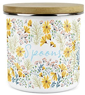 Purely Home Floral Daisies Teaspoon Canister - White Metal Enamel Kitchen Food Storage Container