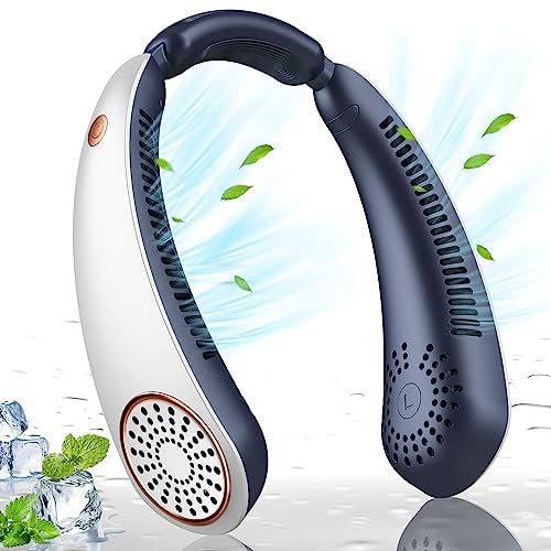 dovecina Portable Neck Fan,5200mAh Rechargeable Personal Fan,3 Speed Hanging Bladeless Fan, Up-to-date Fashion Picks, Wearable Fan Cooling Quiet for Home Office Travel Sports Outdoor (white & blue)