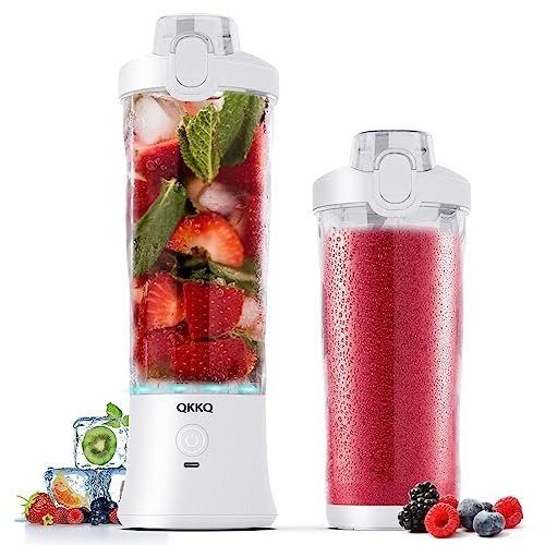 QKKQ Portable Blender, Smoothie Maker Waterproof 270 Watt Blender USB Rechargeable with 600ml BPA Free Blender Cups with Travel Lid. (White)