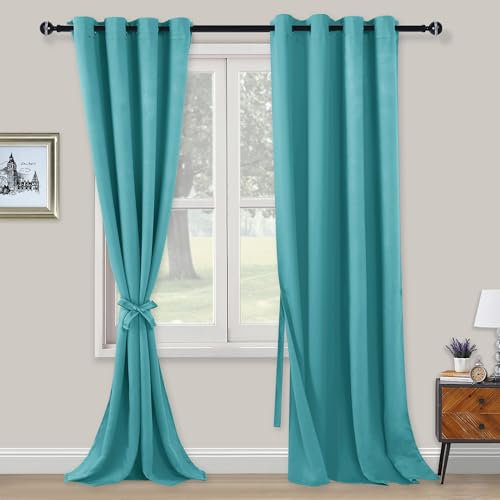 XWZO Blickdichte Vorhänge Verdunklungsvorhänge mit Ösen 2 Stücke Gardienen mit Raffhalter Lichtundurchlässige Vorhänge für Schlafzimmer,WonhzimmerBüro, 260x140 cm, Türkis
