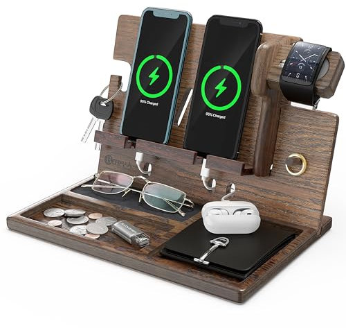 BARVA Wood Docking Station | 2 Phone Stand & Desk Organizer | Night Stand Charging Station & Smart Watch Phone Holder | Nightstand Organizer for Men's Accessories | Ideal Gifts for Men