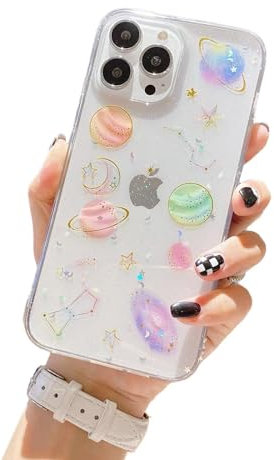 Yzniyzce for iPhone 13/14 / 15 Clear Case, Cute Cases with Design Sparkle Stars Moon Bling Glitter Planet Aesthetic Soft Silicone Shockproof Cover Women Girls for iPhone 14 6.1'', Space