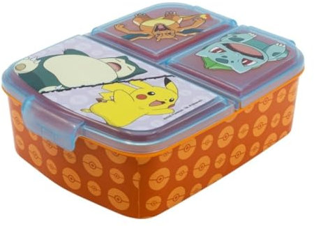 My sweety pop - Caja de merienda para niños, guardería infantil - Escuela - Vacaciones - Comida - 19,5 cm - Idea de regalo - 3 compartimentos - Pokémon - Niño - Naranja