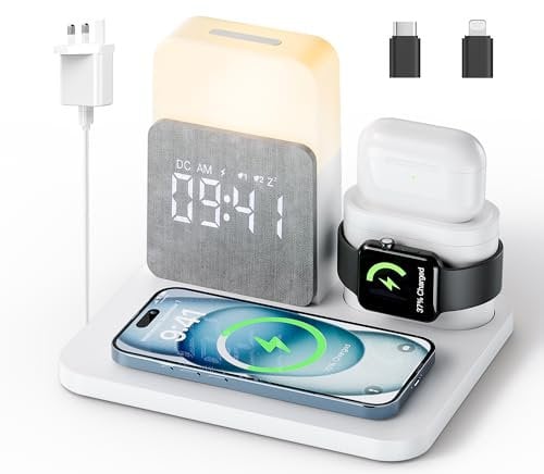 COLSUR 6 in 1 Wireless Charging Station, MagSafe 18W Wireless Charger with Alarm Clock, Night Light, Wireless Charger Stand for iPhone 16 15 14 13 12 11 X Pro Max, Apple Watch, AirPods