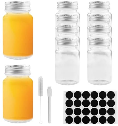 Gebiuhoo Mini Glas Shot Flaschen zum Befüllen 10 Stück Glasflaschen zum Befüllen mit Trichter und Etiketten Wiederverwendbar Trinkflaschen mit Breitem Mund für Saft Ingwer Wellness Shot Probe Reise