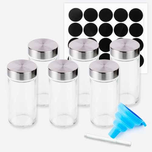 Glass Spice Jars Set, 6 Pcs Empty 4 oz Round Bottles with Label, Seasoning Containers, Silicone Funnel & Chalk Marker