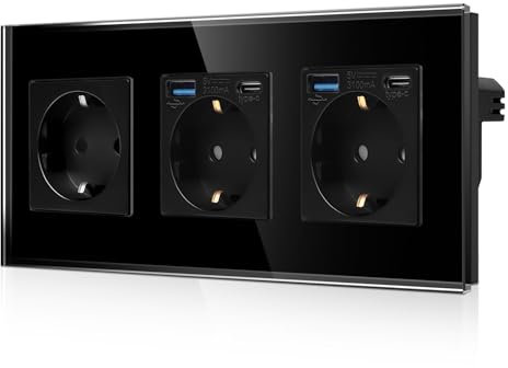 CNBINGO - Toma triple Schuko con 4 puertos USB (carga rápida de 20 W), 2 x (tipo C y USB-A), triple toma Schuko de cristal empotrado, con seguridad infantil, color negro