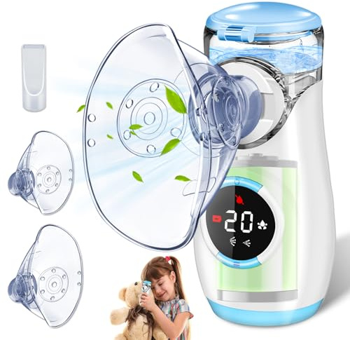 Aerosol Portatile Silenzioso con Digitaler Anzeige, Macchina Aerosol per Adulti Bambini con Boccaglio e Maschera, per Malattie delle Vie Respiratorie Superiori e Inferiori