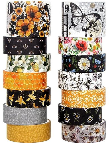 Jniseger Dekoratives Washi Tape Set 14 Rollen | Vintage Bienen-Blumen-Design, Gelb-Schwarz für Bullet Journal, Scrapbooking, Geschenkverpackung (Bastelbedarf)
