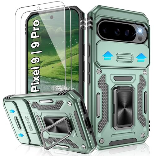 Jshru for Google Pixel 9 Case,Pixel 9 Pro Case,with 2 Pack Screen Protector,Military Grade Shockproof Case with Slide Camera Cover,Ring Stand Phone Cover for Google Pixel 9 | Pixel 9 Pro,Alpine Green