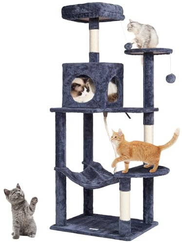 VEVOR Árbol para Gatos 143cm Torre de Escalada para Gatos con Poste Rascador de Sisal Caseta Hamaca Percha Superior Plataformas de Salto Bola Colgante para Actividad de Gatos en Interior, Gris Oscuro