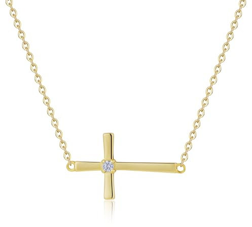 GAVU 925 Sterling Silber Damen Halskette mit Kreuz Zirkonia Anhänger für Frauen Gebetskette Gold