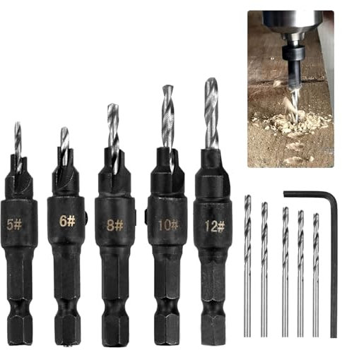 Jeu de Forets à Chanfreiner, Lot de 5 Forets Coniques Réglables à Tige, Jeu de Forets à Chanfreiner pour le Travail du Bois, avec Une Clé Hexagonale, pour le Bois, Bricolage du Bois