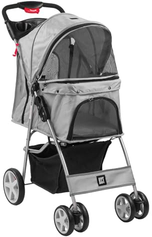 KCT Hooded Foldable Pet Dog Cat Stroller Grey- 4 Wheel Travel Carriage with Safety Leash,Canopy, Cup Holder, Storage Tray