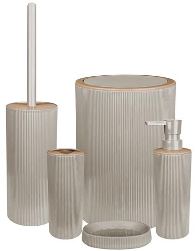 IlGruppone Set Completo Accessori Bagno 5 Pezzi Design Moderno in Plastica Incluso Cestino Pattumiera,Dispenser Sapone Portascopino con Scopino Incluso,PortaSaponetta,Porta Spazzolini - Beige