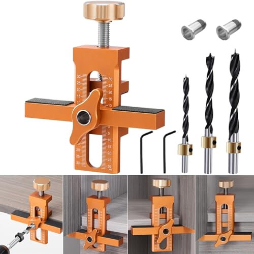 Cabinet Door Installation Jig, 2-in-1 Mounting Tool with Adjustable Positioner, Aluminium Alloy Versatile Cabinet Door Positioning Tool for Most Cabinet Doors with 3 Drill Bits, Orange