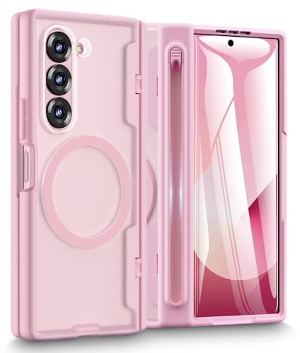 Doeshine Custodia per Samsung Z Fold 6 [2024], Cover Opaca Semitrasparente Antiurto con Slot S-Pen Integrato (No S-Pen), [Pellicola Schermo 9H] Ricarica Magnetica e Protezione Cerniera Militare (Rosa)